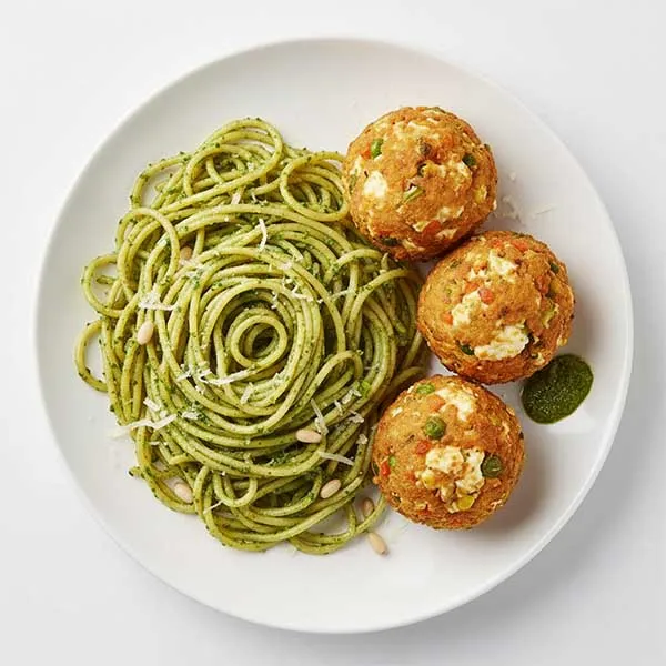 vegetable & cottage cheese balls with pesto spaghetti
